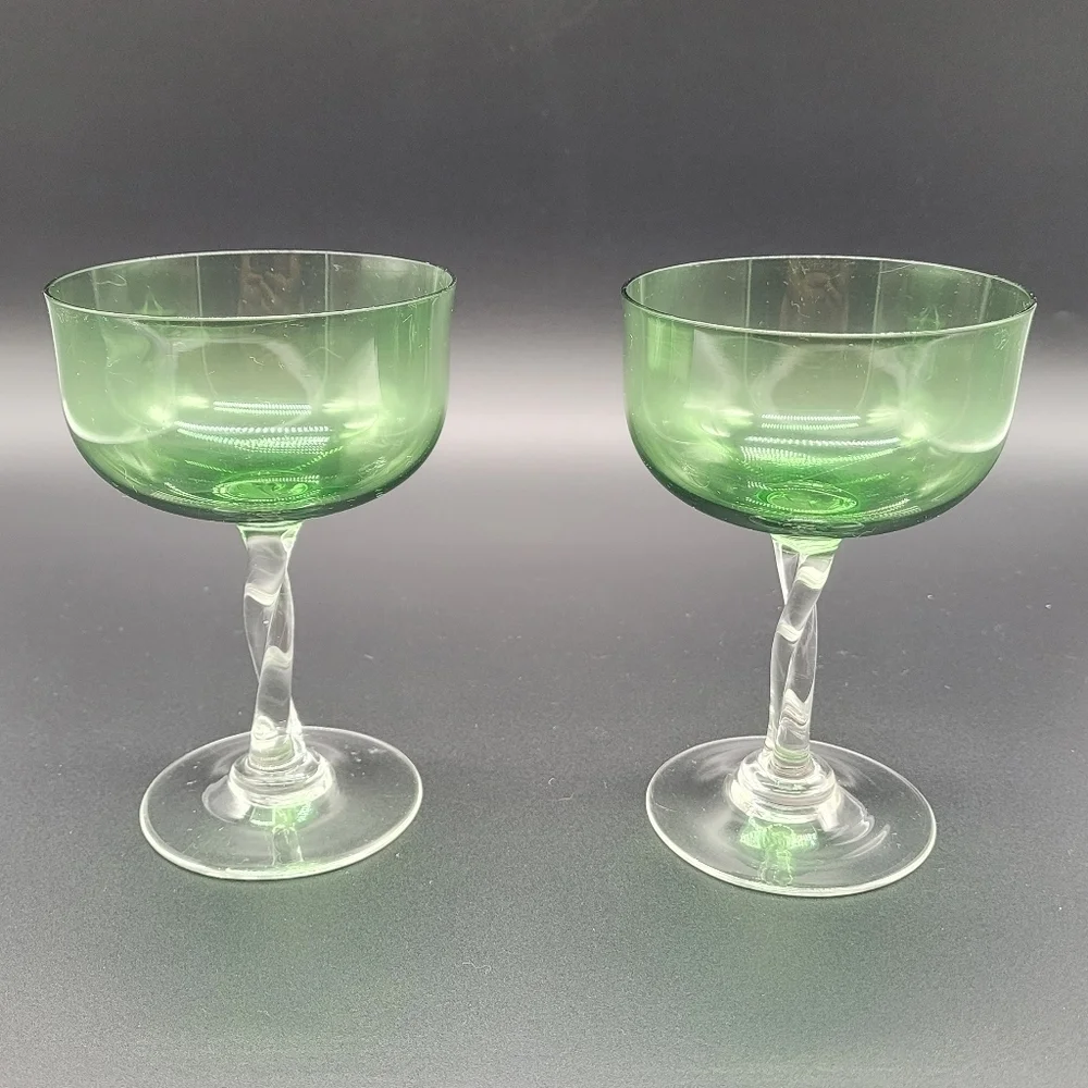 CHAMPAGNE/SHERBET GOBLETS Set of 2 Pale Green Coupe Bowl/Clear Cut Stem Vintage‍
